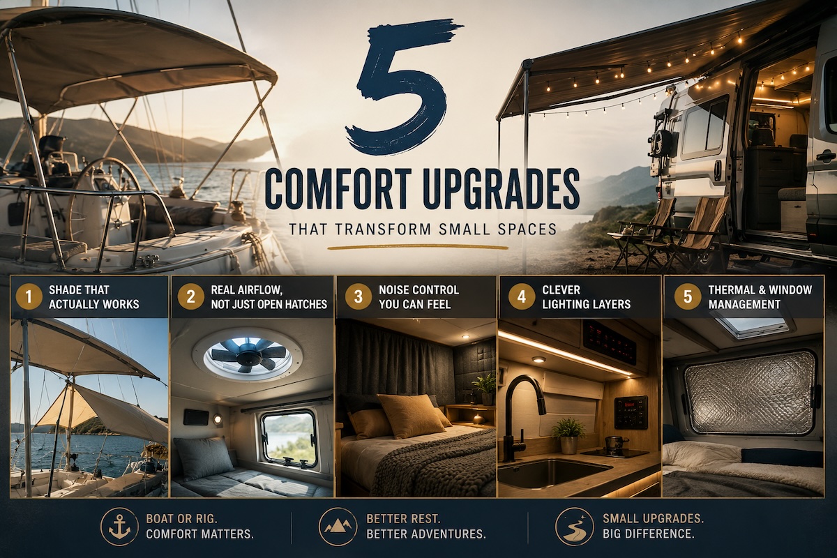 Top 5 comfort upgrades that made small spaces feel big—shade, airflow, noise control, and clever lighting for boat and rig